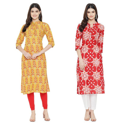 Pinkmint Women Cotton Printed Kurta Stylish Regulr Fit GirlS Combo Kurta Ll Regular Fit Combo Kurta (Pack Of 2) Yellow-Red