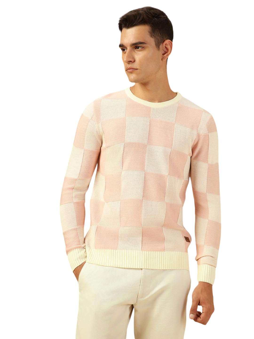 Dennis Lingo Men Regular Fit Acrylic Checks Full Sleeves Crew Neck Pullover Sweater Pink