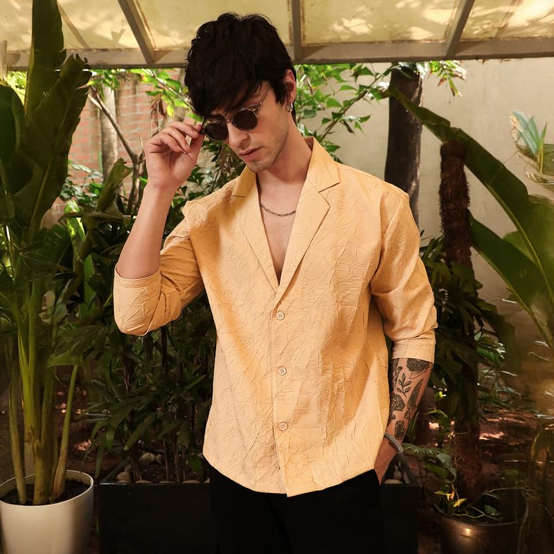 Campus Sutra Mens Buff Beige Wrinked Korean Oversized Shirt for Casual Wear | Lapel Collar | Long Sleeve | Button Closure | Ove