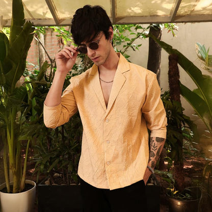 Campus Sutra Mens Buff Beige Wrinked Korean Oversized Shirt for Casual Wear | Lapel Collar | Long Sleeve | Button Closure | Ove