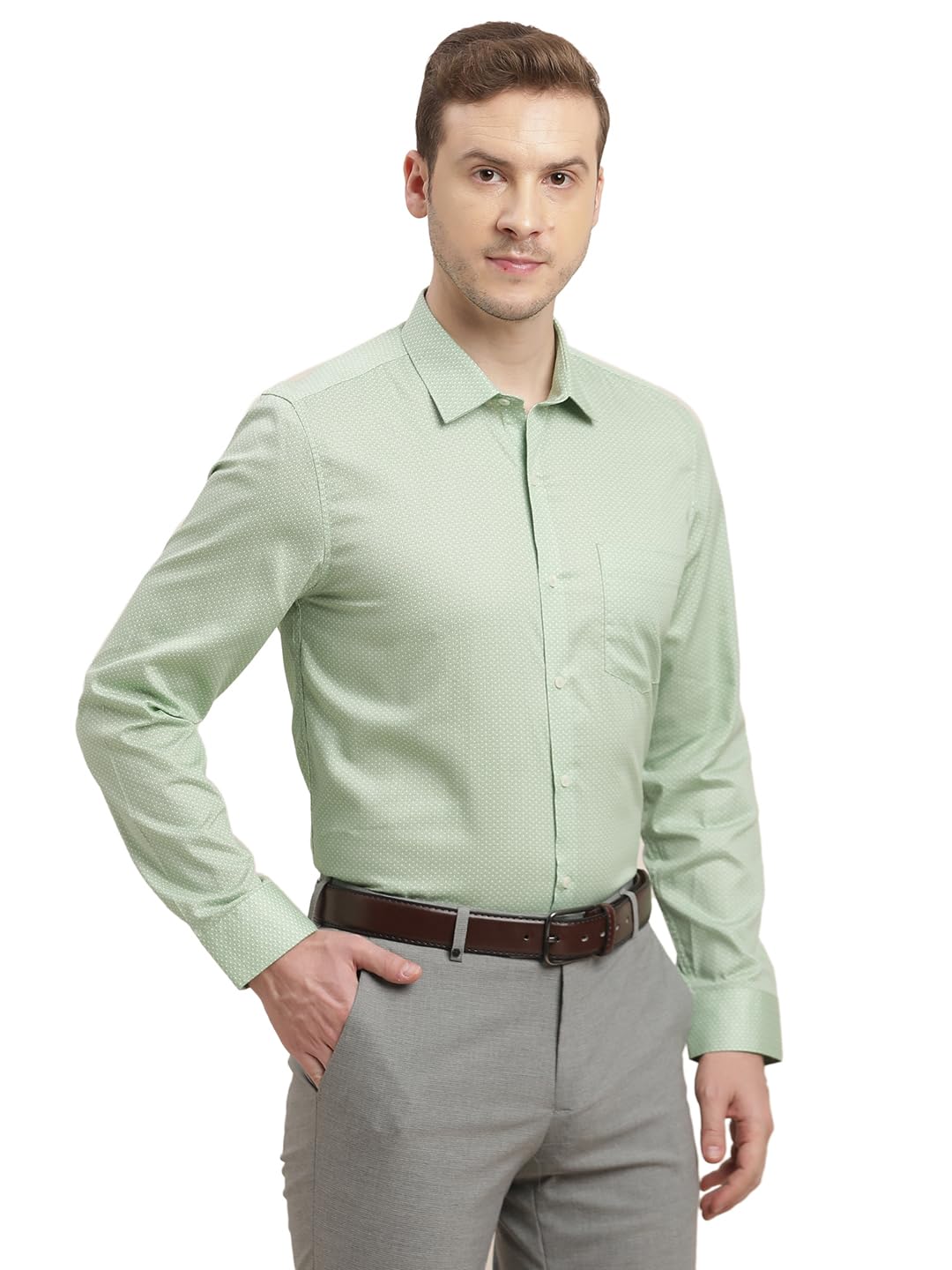 Turtle Men 100% Cotton Slim Fit Light Green Printed Full Sleeve Formal Shirt