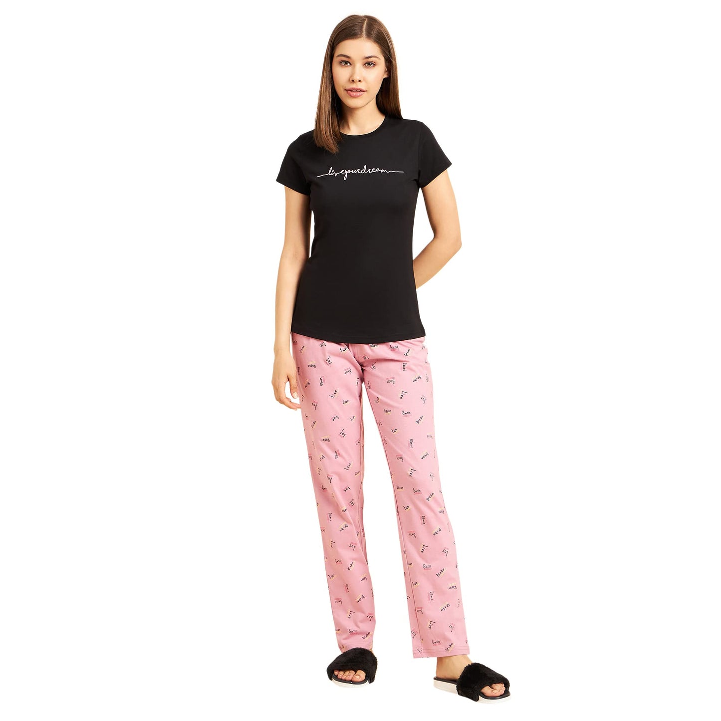 Sweet Dreams Women Cotton Top & Pyjama Set Black