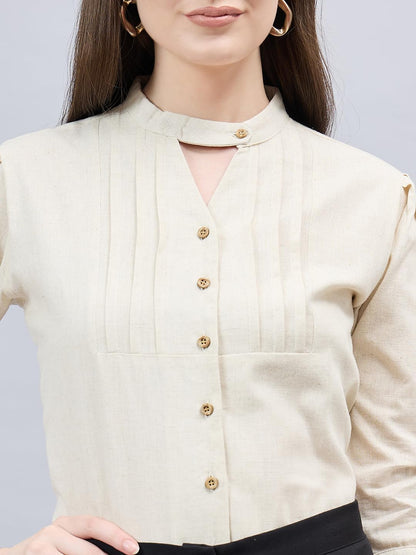 Style Quotient Women Solid Beige Linen Puff Sleeve Rrgular Formal Shirt