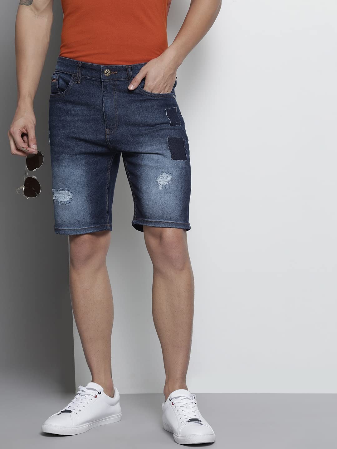 The Indian Garage Co Men Slim Fit Contrast Patchwork Mid-Rise Denim Shorts