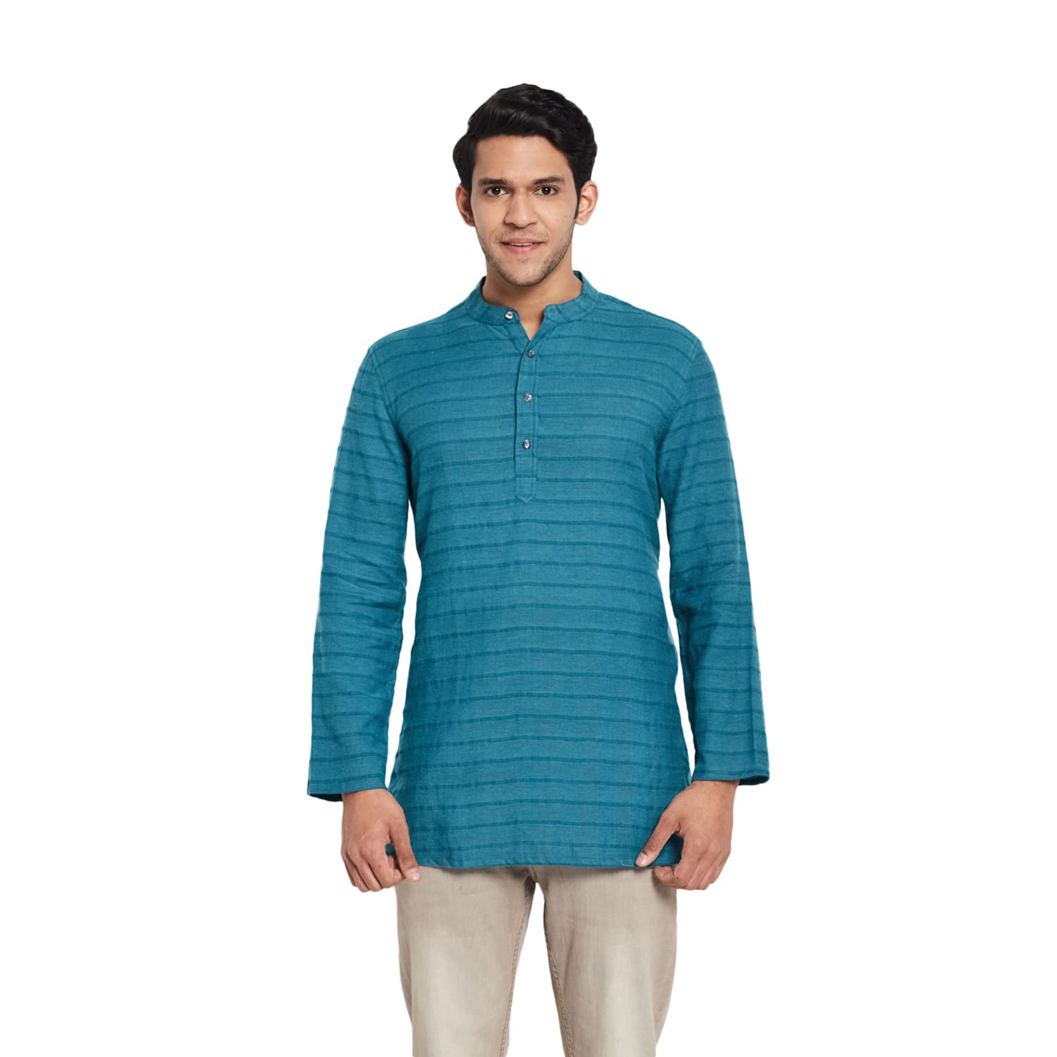 Fabindia Men Cotton Geometric Short Kurta Blue_S