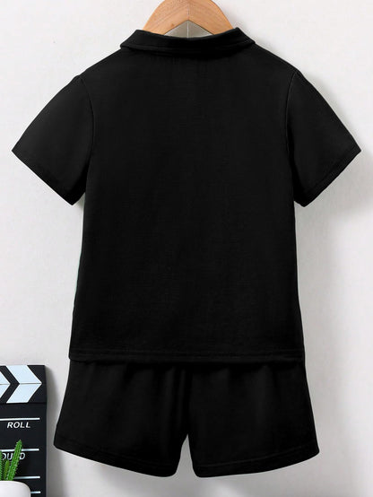 AVANOVA Boys Black Polo Collar Short Sleeve T-Shirt & Shorts Set | Summer 2 Piece Outfit | Casual Sportswear for Kids | Solid Co