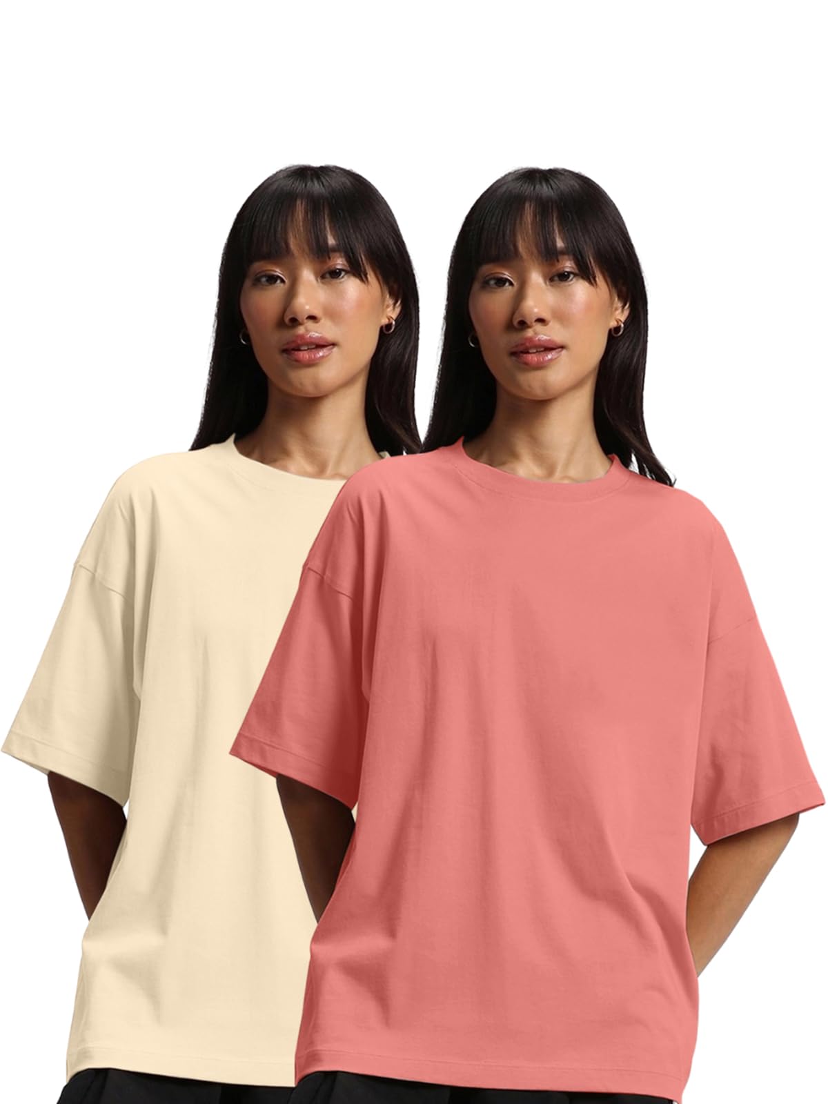JUNEBERRY Pure Cotton Drop Shoulder Oversized Baggy Fit Half Sleeve Plain Solid Round Neck Multicolor T-Shirt for Women & Girls