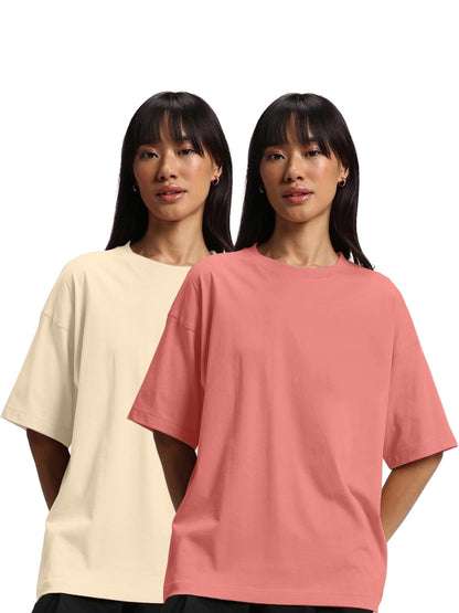 JUNEBERRY Pure Cotton Drop Shoulder Oversized Baggy Fit Half Sleeve Plain Solid Round Neck Multicolor T-Shirt for Women & Girls