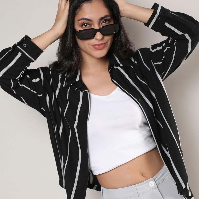 Campus Sutra Womens Midnight Black & Moon Grey Striped Boxy Shirt for Casual Wear | Spread Collar | Long Sleeve | Button Closur