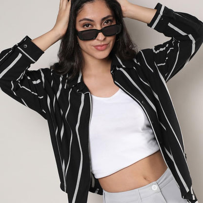 Campus Sutra Womens Midnight Black & Moon Grey Striped Boxy Shirt for Casual Wear | Spread Collar | Long Sleeve | Button Closur