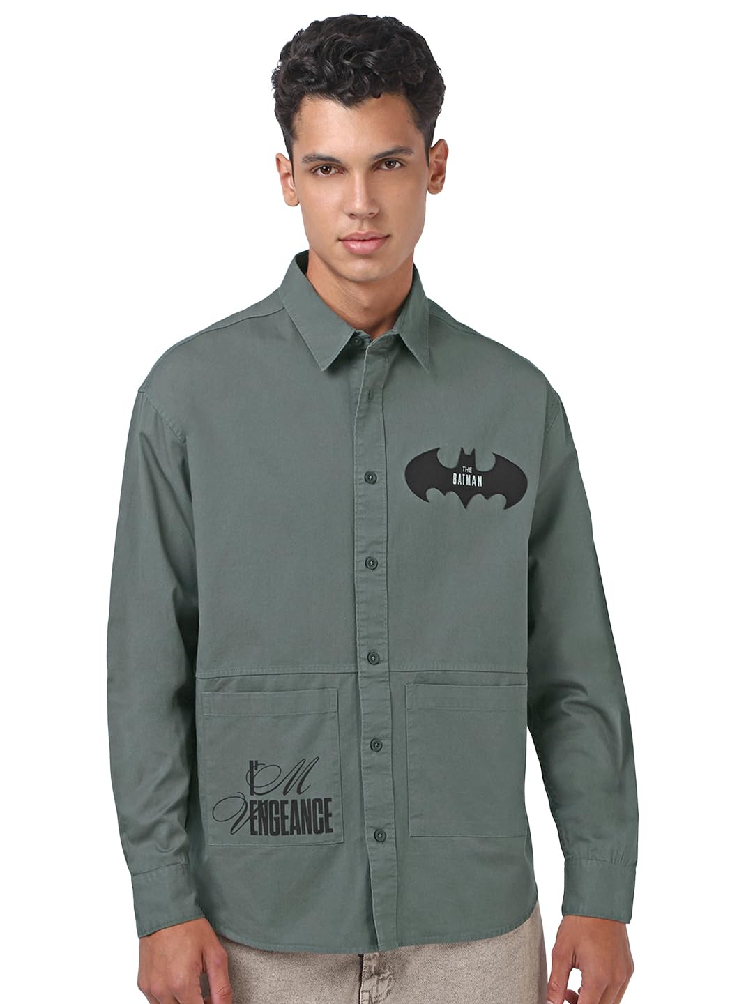 Bewakoof Official Marvel Merchandise Batman Mens Graphic Print Oversized Fit Full Sleeve Collar Cotton Shirt_662519_Grey_XL