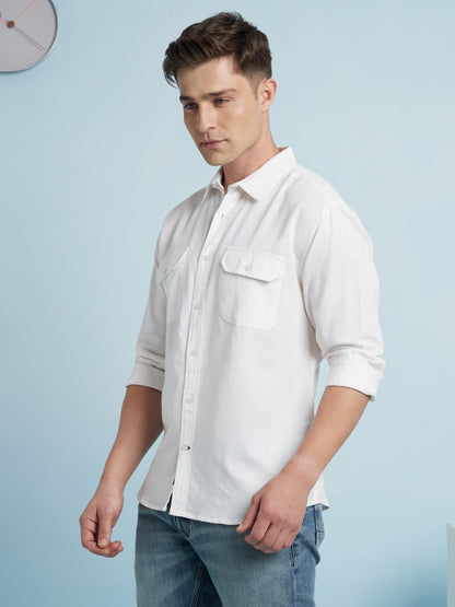 Dennis Lingo Men Linen Blend Regular Fit Solid Shirts White