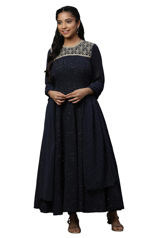 Blue Dori Embroidered Anarkali Kurta, Tights and Dupatta Set