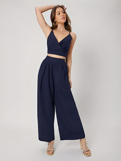 Kotty WomenS Solid Relaxed Fit Sleeveless Co-Ord Top And Trouser Set. Navy Blue