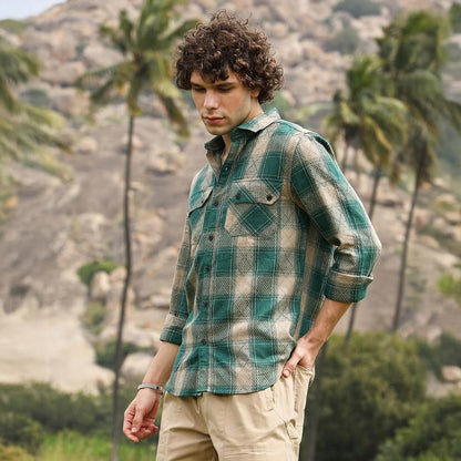 Campus Sutra Mens Emerald Green & Sand Beige Buffalo Check Utility Shirt for Casual Wear | Spread Collar | Long Cuffed Sleeves