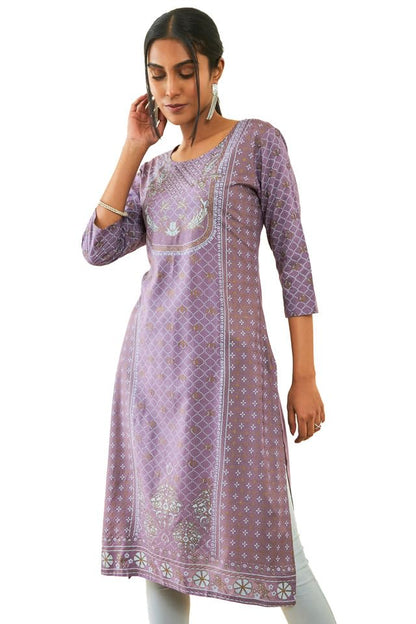 Soch Womens Purple Rayon Floral Foil Print Straight Kurta With Stonework