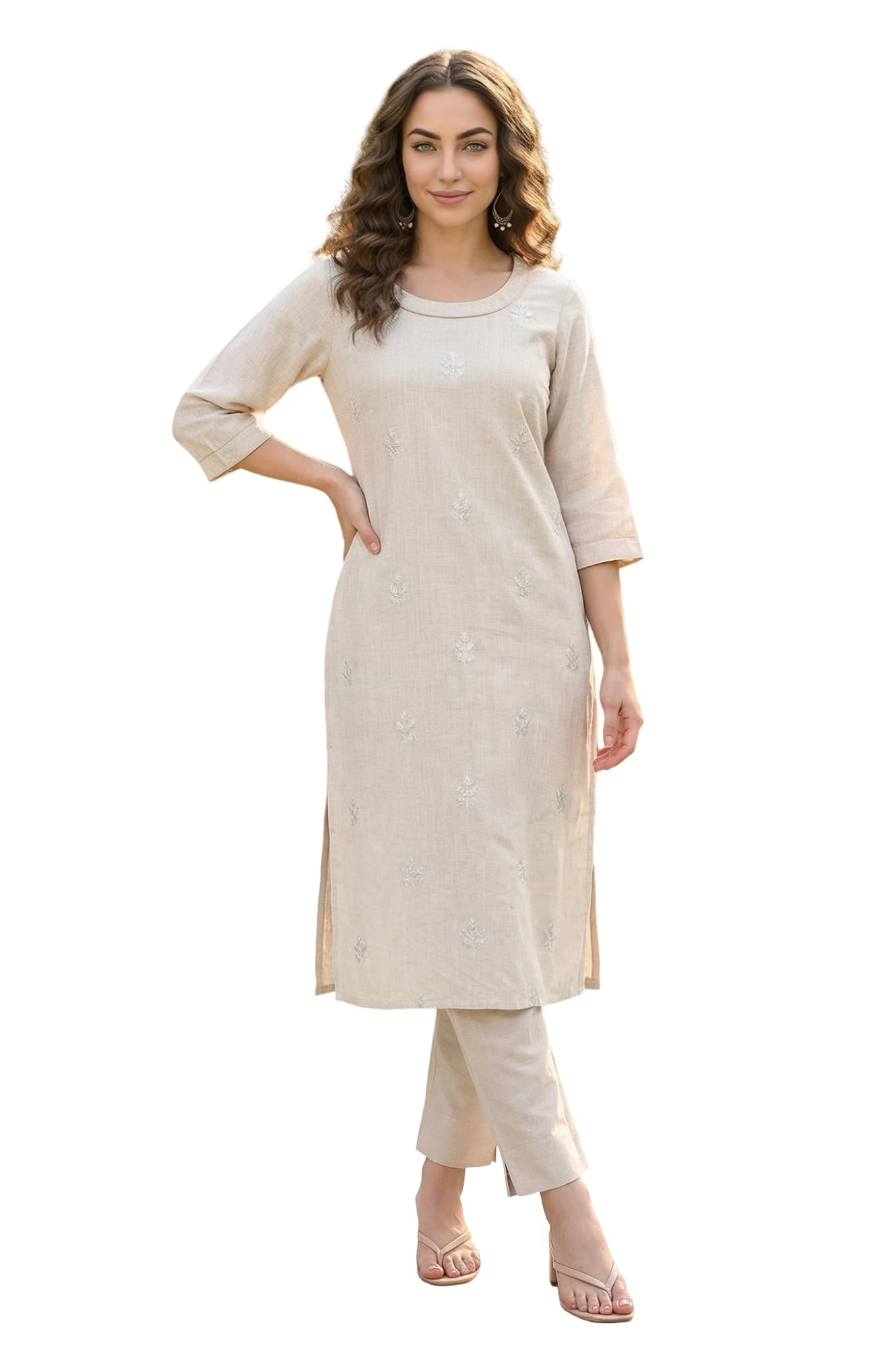 Aurelia Women'S Beige Thread Embroidered Rayon Blend Straight Kurta - (A16463-607814-Xs)