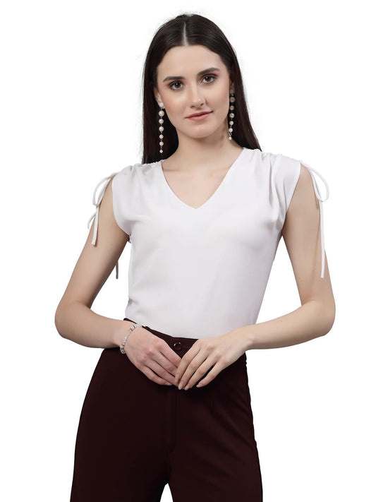 Style Quotient Women Solid White Polyester Regular Smart Casual Top