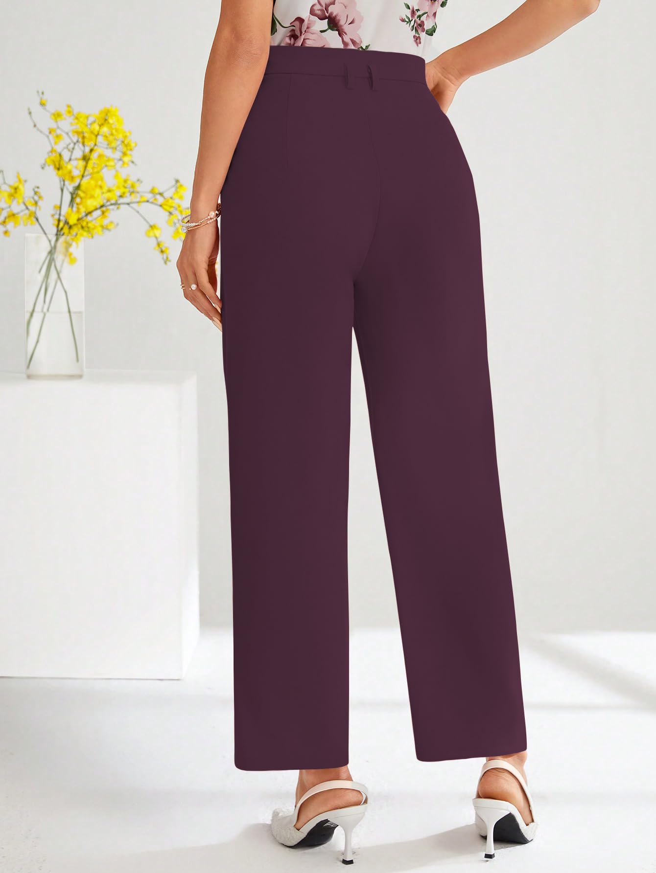 Shasmi Womens Wine High Waist Pleated Straight Leg Trousers  Elegant Solid Color Work Pants with Pockets, Casual Office Wear Pol