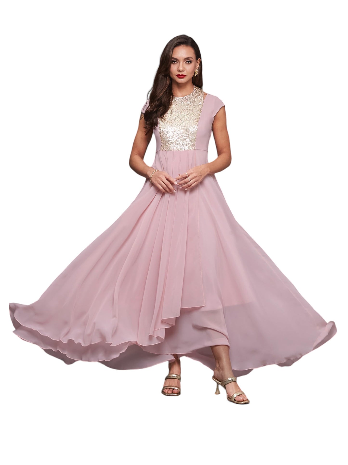Miss Chase WomenS Round Neck Cap Sleeve Solid Embellished Maxi Dress With Pockets (Mcaw21D99-57-234-05, Dusty Pink, L)