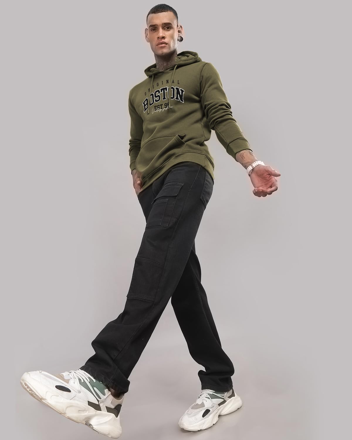 ADRO Men's Cotton Neck Hooded Sweatshirt (H24-BOST-OL_Olive