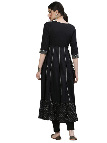 ishin Women's Cotton Anarkali Embellished Beads and Stones Ethnic Motifs Print Blue Kurti