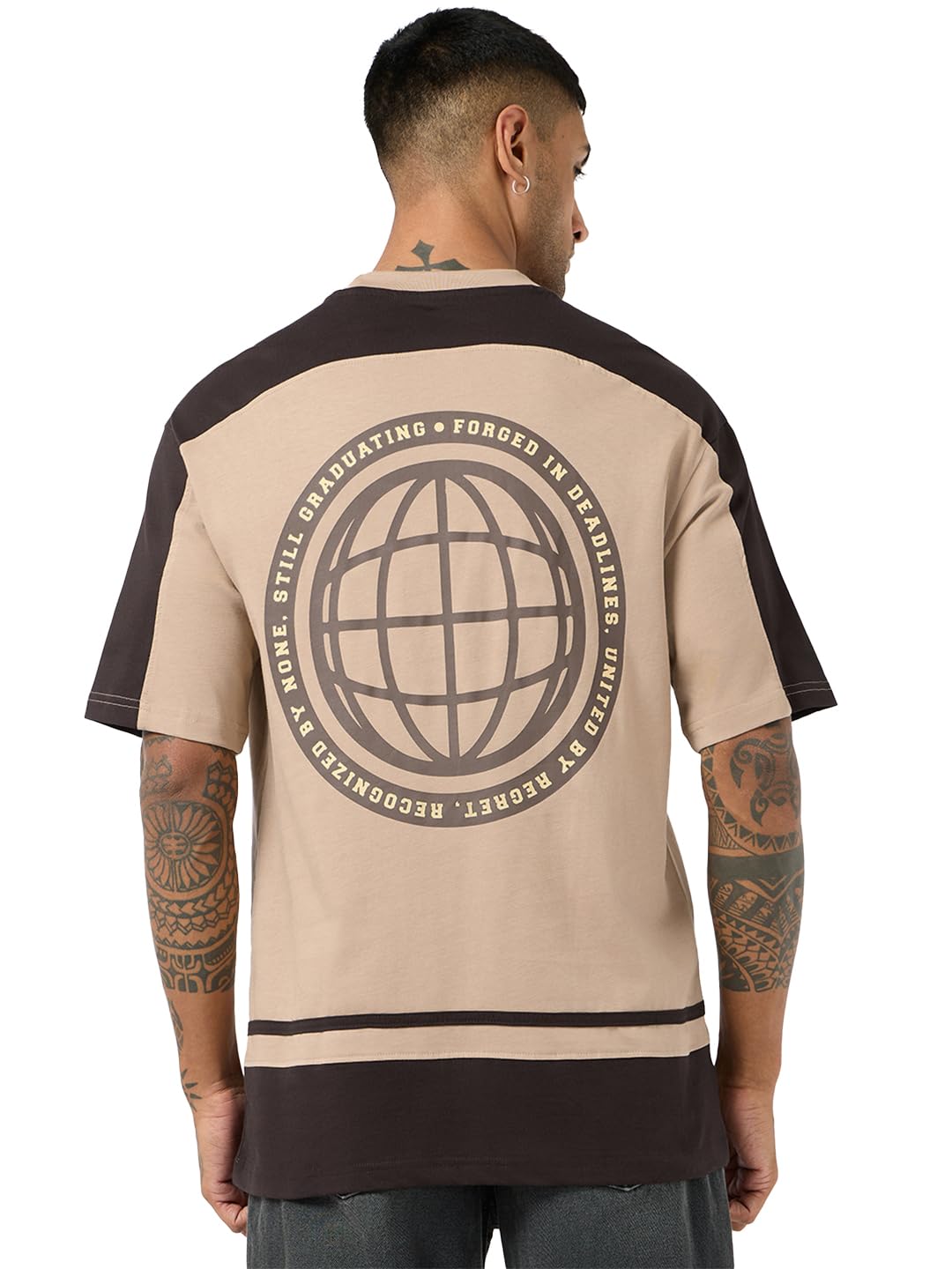 Bewakoof Mens Color Block Oversized Fit Half Sleeve Round Neck Pure Cotton T-Shirt_684711_Brown_XL