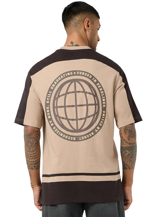 Bewakoof Mens Color Block Oversized Fit Half Sleeve Round Neck Pure Cotton T-Shirt_684711_Brown_XL