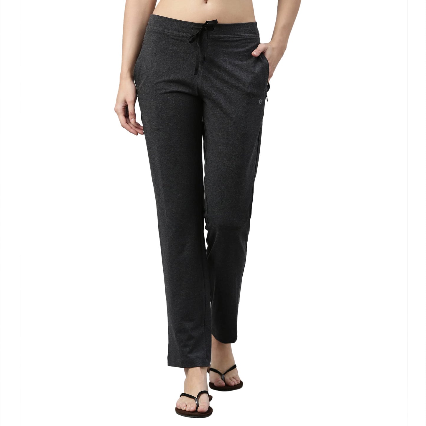 Enamor Essentials Womens Mid Rise Slim Fit Straight Leg Breathable Stretch Cotton Lounge Pants with Drawstring and Invisible Zip