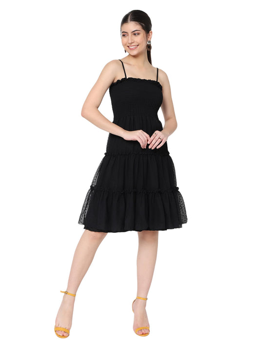 Avanova Jacquard Georgette Butti Black Off Shoulder Knee Length Western Dresses For Women (Dress 74 Black S)