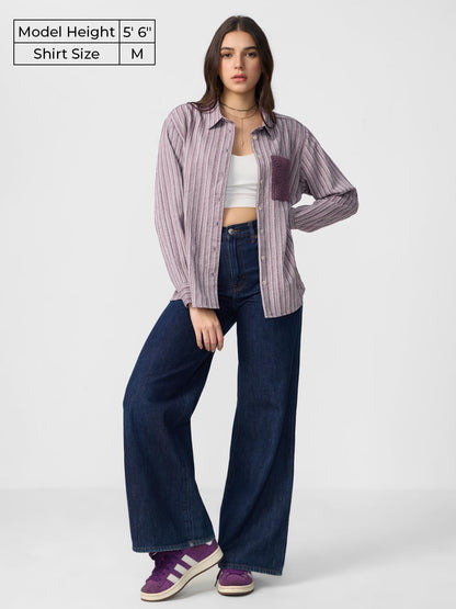 The Souled Store Moonlight Women and Girls Long Sleeves Collared Neck Button Front Purple All Over Printed Regular Fit Cotton Sh
