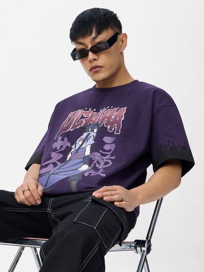 The Souled Store Naruto Shippuden: Uchiha Legacy Men and Boys Short Sleeves Round Neck Purple Graphic Printed Cotton Oversized T