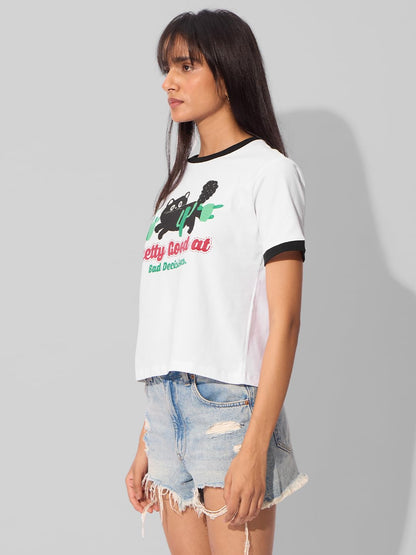The Souled Store Originals: Bad Decisions Women and Girls Short Sleeves Round Neck Cotton Relaxed Fit T-Shirts White