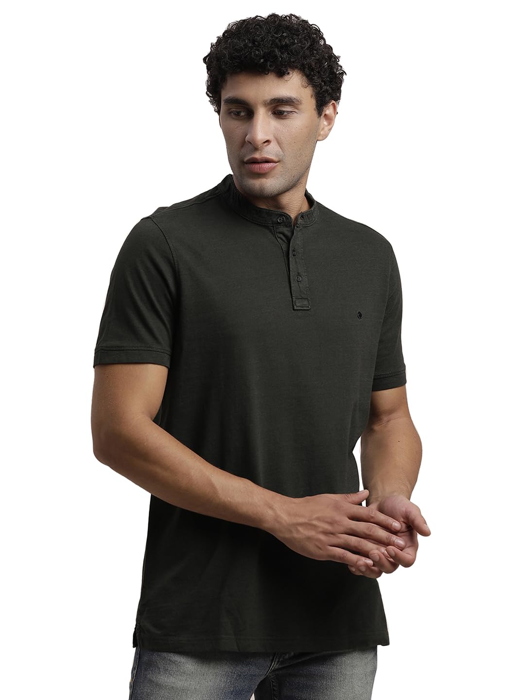 Turtle Men Dark Green Solid Cotton Stretch T-Shirt