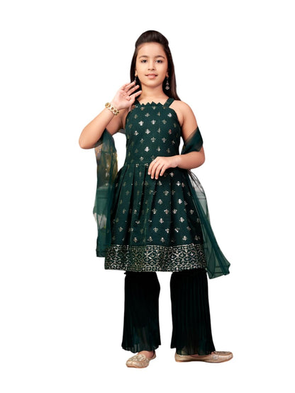 Aarika Girls Ethnic Wear Green Colour Sequin Embroidery Georgette Kurta Sharara Set With Dupatta-3-13 Years (Sh-Shm-5002)
