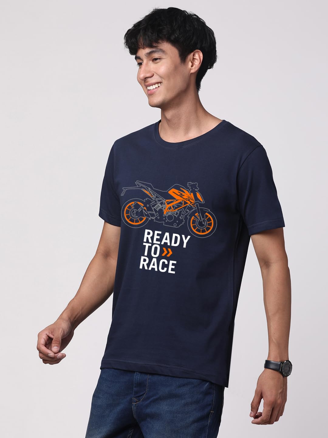 ADRO Men's Biker Design Printed 100% Cotton T-Shirt - Regular Fit, Printed T-Shirts for Men (RN24-KTM-NB_Navy)