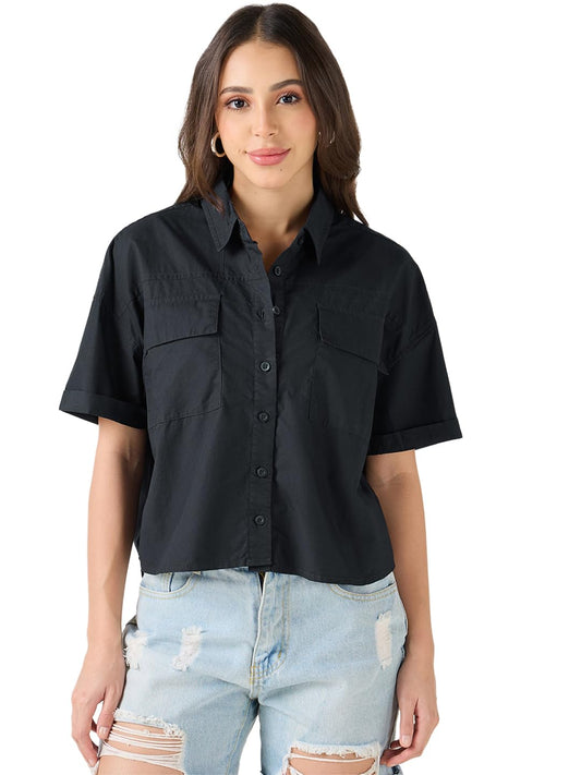 Bewakoof Womens Solid Oversized Fit Half Sleeve Collar Cotton Shirt_636848_Black_XL