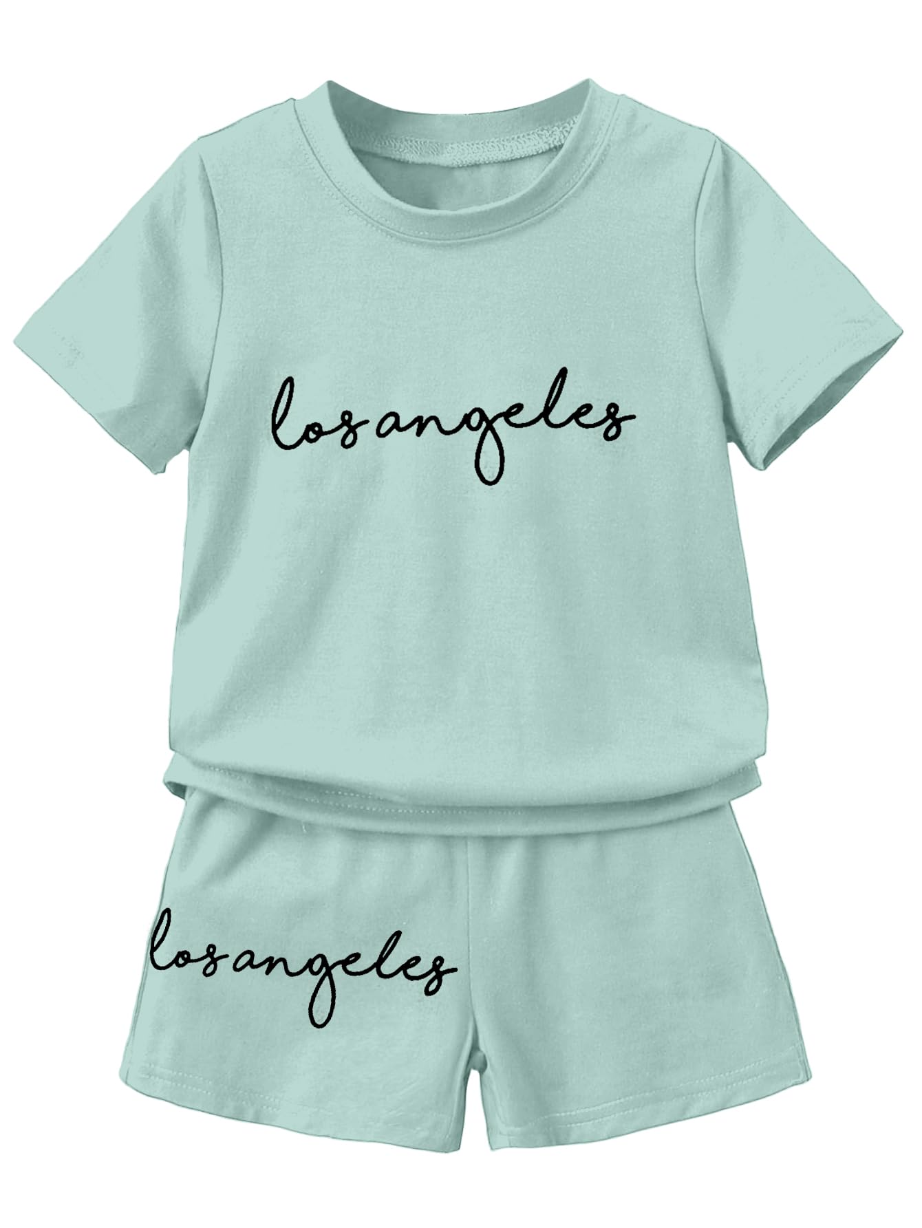 AVANOVA Boys Pista 2pcs/Set Young Boy Loose Comfortable T-Shirt With Los Angeles Print And Shorts, Casual Cute Style Suitable F