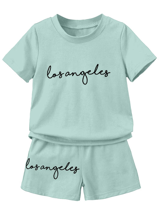 AVANOVA Boys Pista 2pcs/Set Young Boy Loose Comfortable T-Shirt With Los Angeles Print And Shorts, Casual Cute Style Suitable F