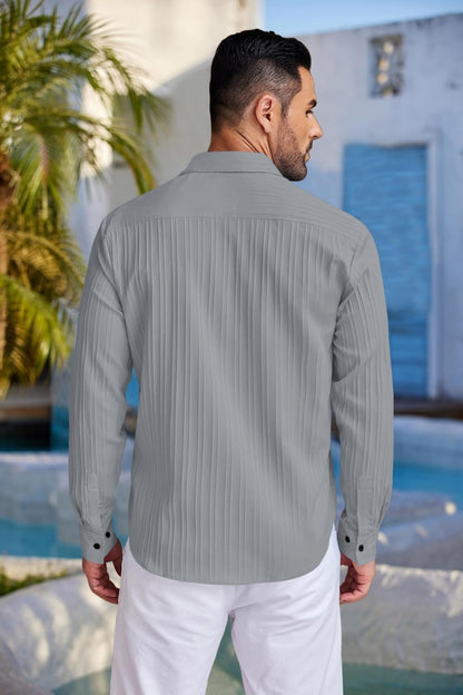 Finivo Fashion MenS Casual Cotton Plain Button Down Shirt Long Sleeve Textured Summer Beach Shirt For Men