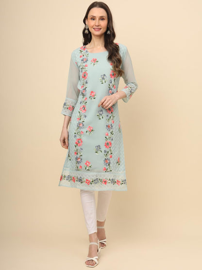 Ekasya WomenS Georgette Straight Cut Round Neck Kurta With Beautiful Embroidery Work (E1628) - Elegant Design, Intricate Embroi