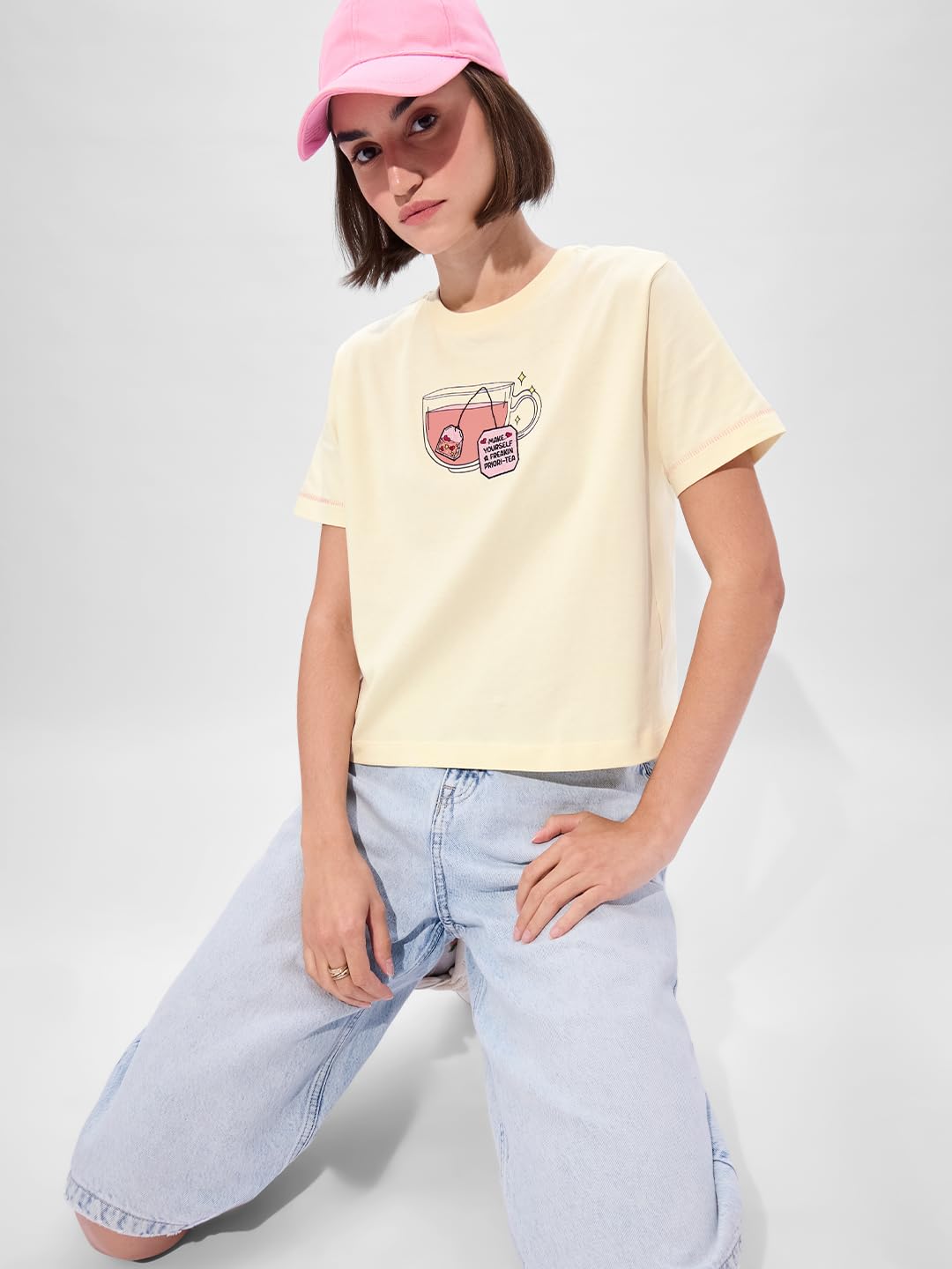 The Souled Store Priori - Tea Cotton Women & Girls Short Sleeve Round Neck Graphic Printed Relaxed Fit T-Shirts Yellow