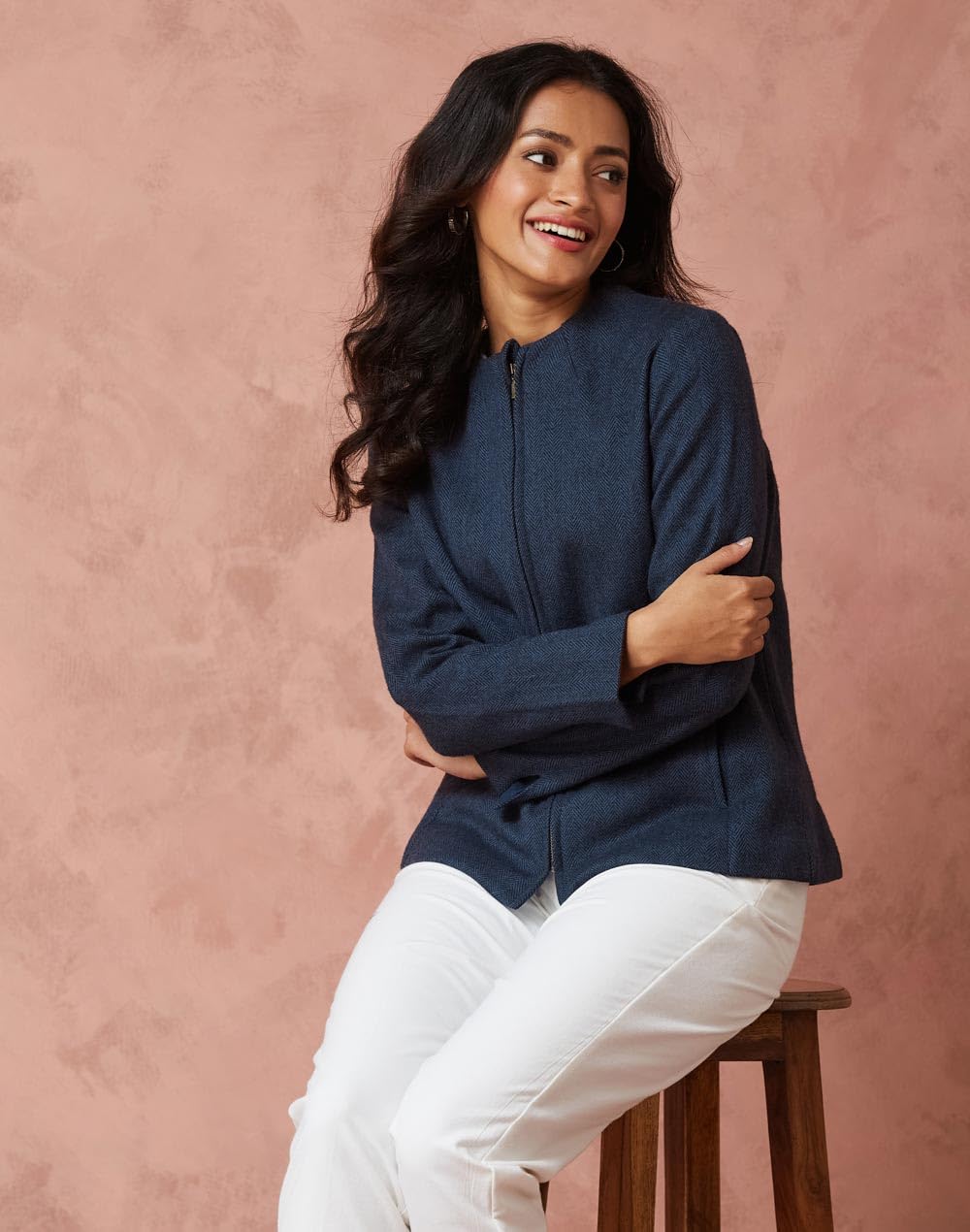 Fabindia Women's Blue Wool Waist Length Jacket (1038780BLUE