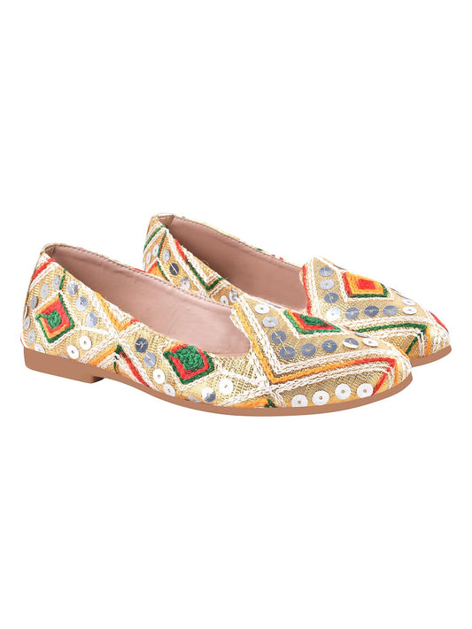 Shoetopai WomenS Golden Ethnic Embroidered Slip-On Belly With Mirror Work  Traditional Multicolor Juttis For Casual & Festive E