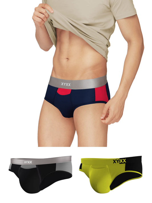 XYXX Mens Underwear Dualist IntelliSoft Antimicrobial Micro Modal Brief Pack of 3 (Black & Steel Grey ; Black Iris & Tango Red