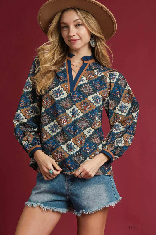Umgee Abstract Print Ruffle Neck Top