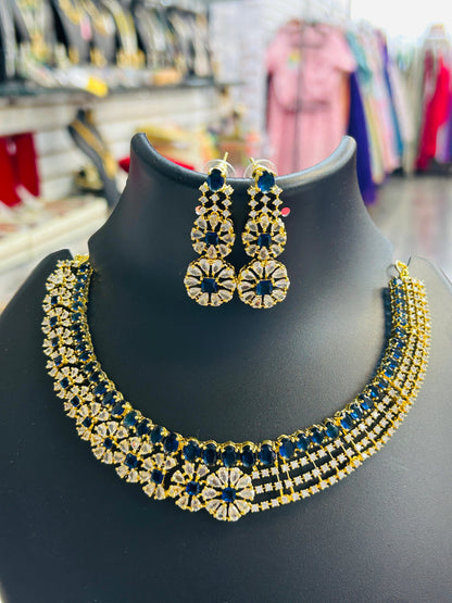 Ad necklace set : Blue stones gold polish