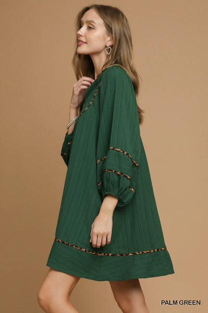 Umgee Textured Babydoll Dress with Leopard Trim
