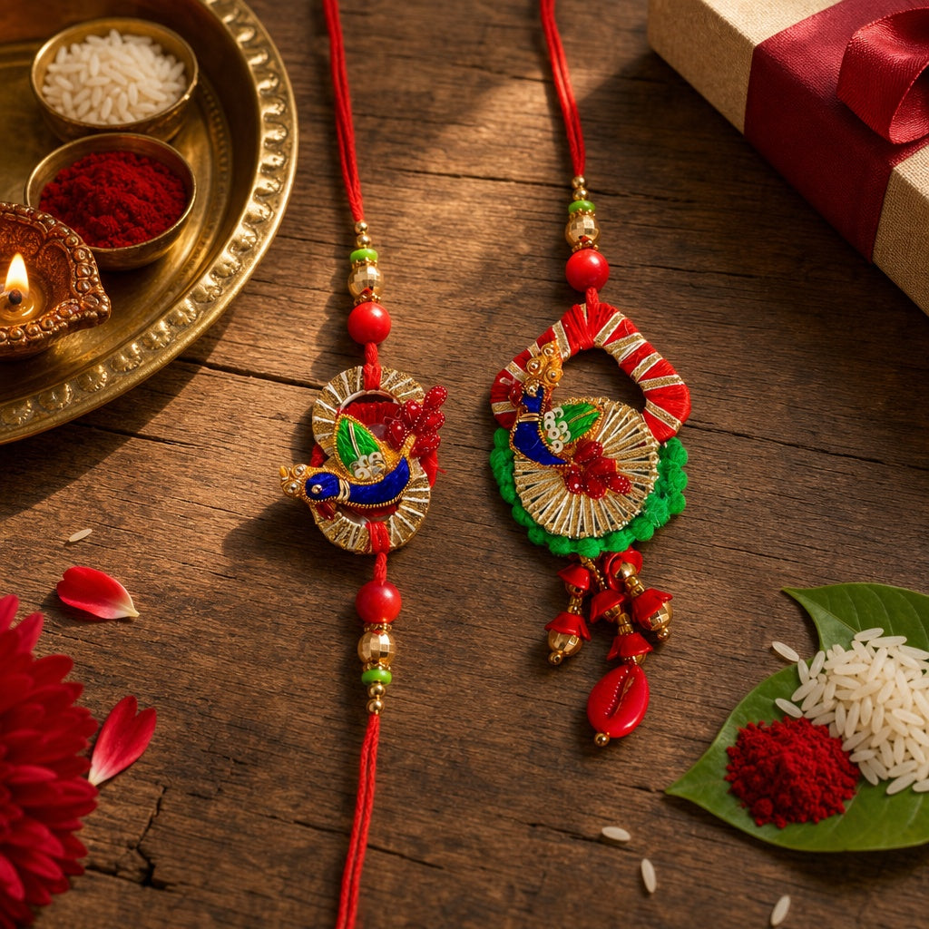 Premium Designer Red Cloth Peacock Design Rakhi Set of 2 for Bhaiya Bhabhi – Traditional Lumba Set, Thread Rakhi with Stones – Ideal Raksha Bandhan Gift