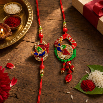 Premium Designer Red Cloth Peacock Design Rakhi Set of 2 for Bhaiya Bhabhi – Traditional Lumba Set, Thread Rakhi with Stones – Ideal Raksha Bandhan Gift